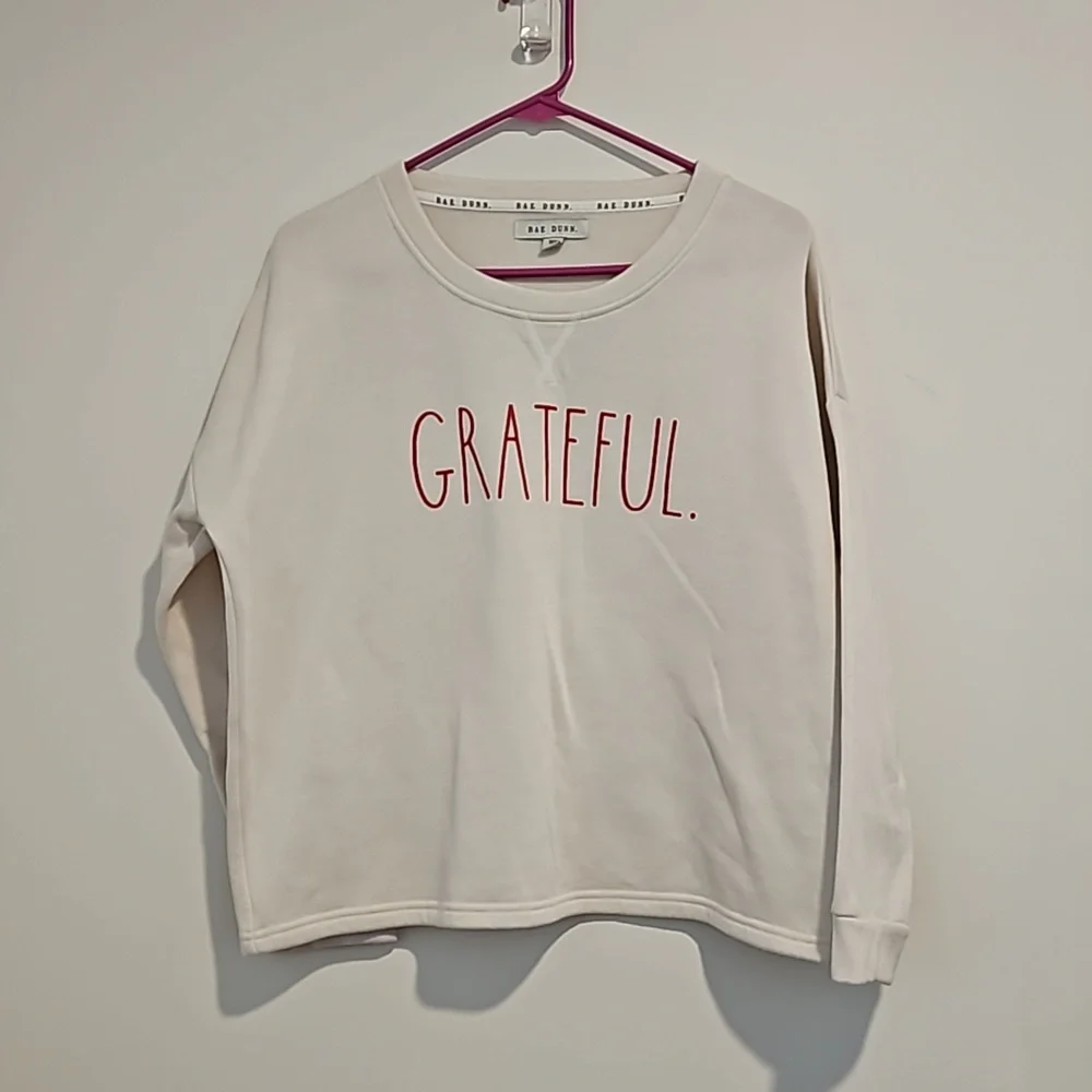 RAE DUNN White long sleeve crop sweatshirt GRATEFUL Medium - Picture 2 of 7